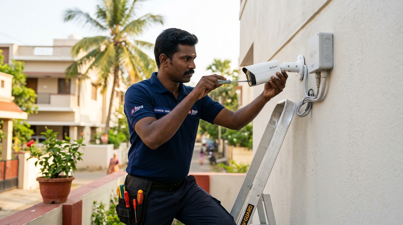 Jesu's Tech technician precisely installing a security camera in Chennai