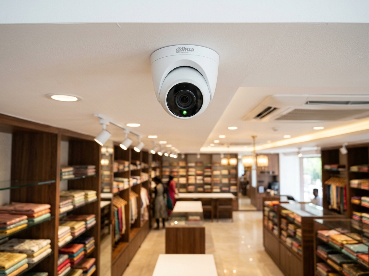 Technician inspecting an indoor CCTV dome camera for troubleshooting