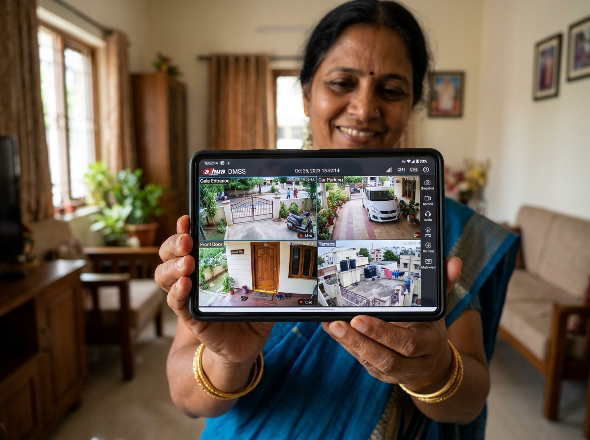 Smartphone displaying 4-channel live CCTV camera feed via Dahua mobile app
