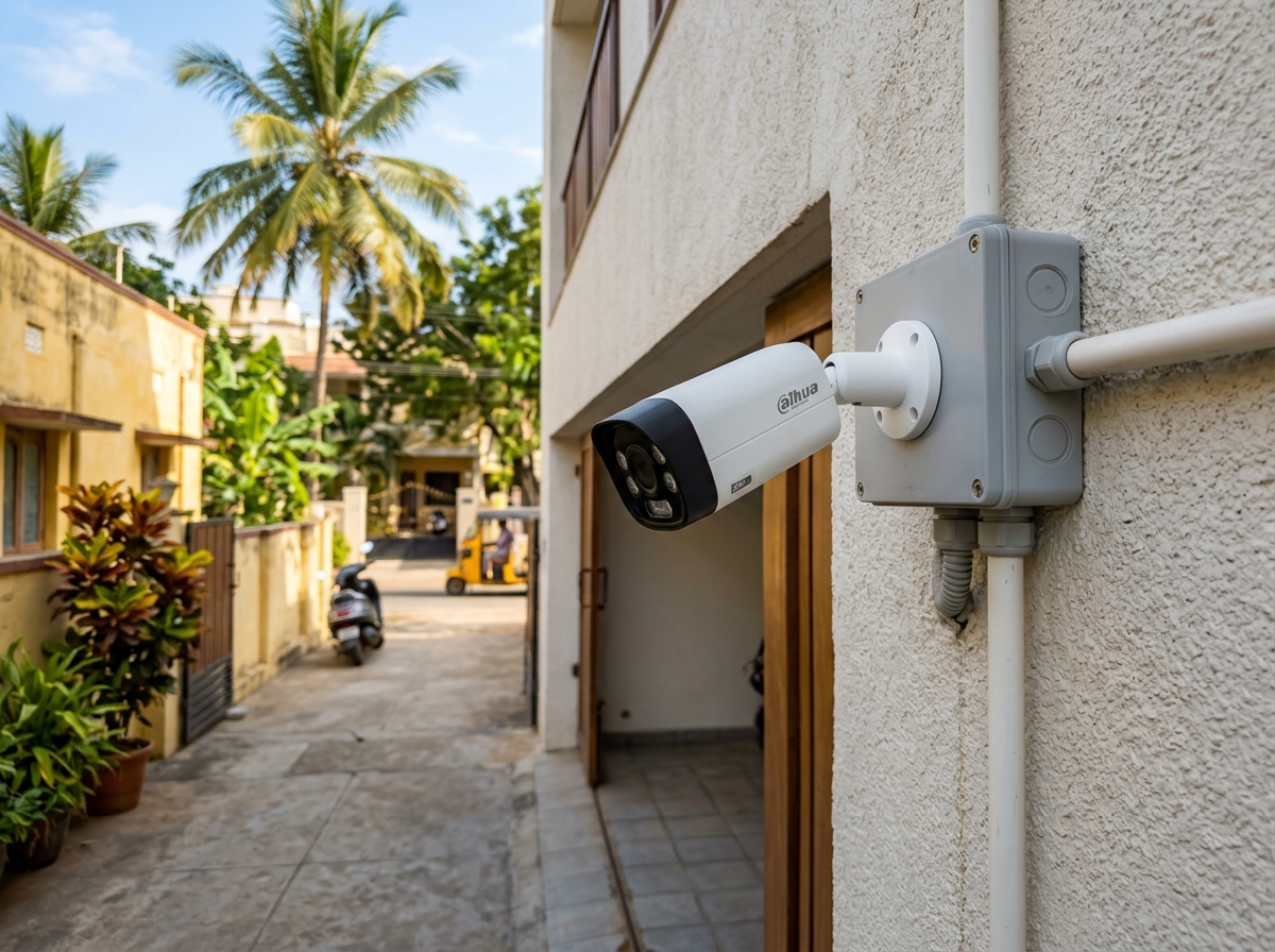 Weatherproof outdoor CCTV bullet camera installed for a Chennai home